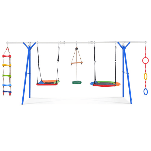 5-in-1 Outdoor Toddler Swing Set, Playground Swing Set With Steel Frame, Multifunctional Playset For Kids With Climbing Ladder, Saucer Swing, Monkey P